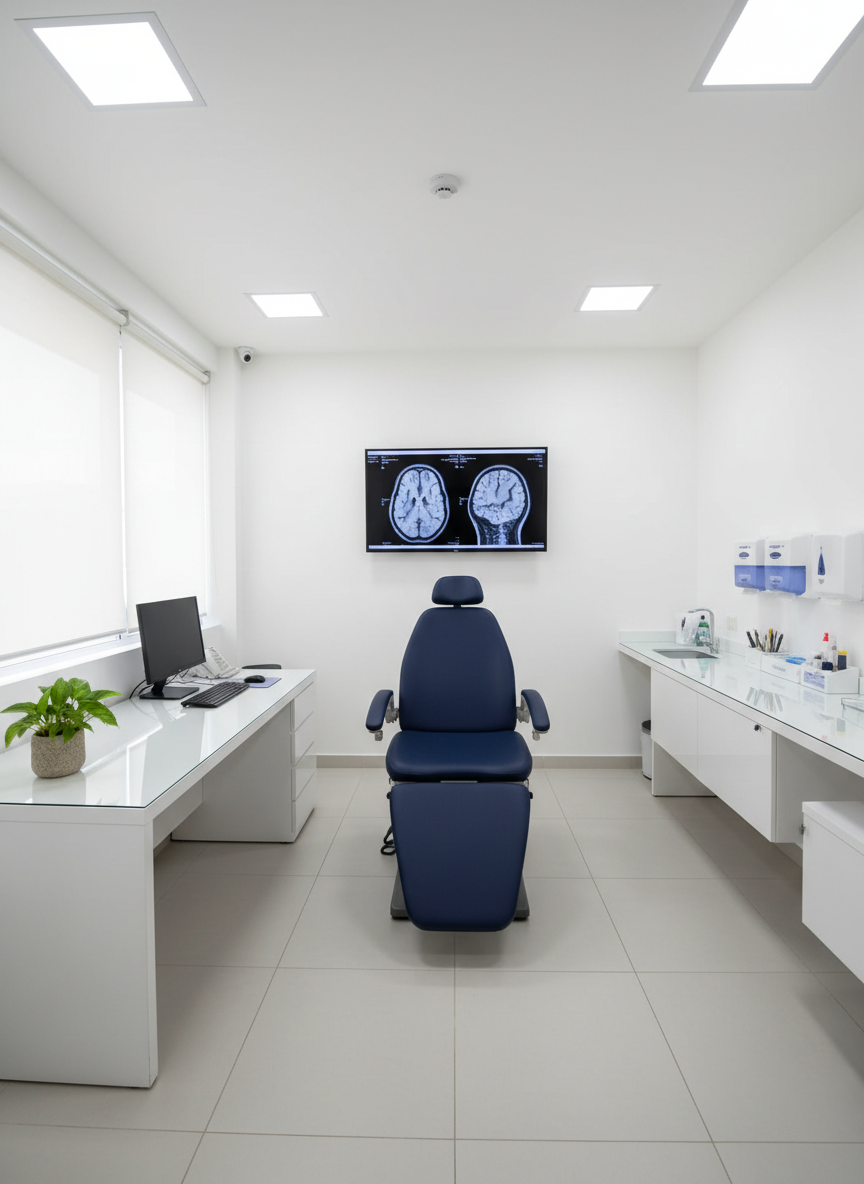 Vista fotográfica panorámica de una sala de exploración neurológica equipada profesionalmente, con una silla de exploración reclinable de acabado azul marino, escritorio blanco brillante con computadora, y en la pared una gran pantalla mostrando imágenes de resonancia magnética cerebral sin texto. Detalles como dispensadores organizados, instrumental ordenado y un pequeño toque de color en una planta verde aportan calidez. Iluminación clínica blanca pero suave desde el techo y una ventana lateral que añade luz natural. La cámara se sitúa ligeramente elevada, mostrando toda la distribución del consultorio. El ambiente es calmado, higiénico y profesional, apropiado para transmitir confianza en la atención en Lindavista e Iztapalapa.